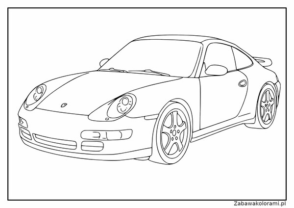 Kolorowanka samochodu sportowego Porsche 911 z detalami, takimi jak reflektory, lusterka boczne, koła i sylwetka samochodu