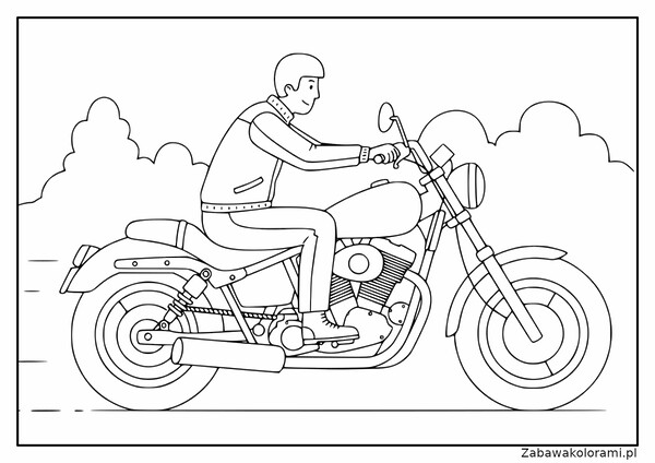 Kolorowanka przedstawiająca osobę na motocyklu z klasycznym silnikiem, dużym przednim kołem i mniejszym tylnym kołem. Jeździec trzyma się kierownicy, motocykl ma przednie i tylne światło. Tło zawiera chmury.
