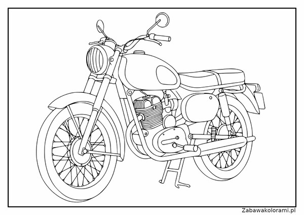Kolorowanka motocyklu z detalami, takimi jak reflektor, kierownica, zbiornik paliwa, silnik, wydechy i koła