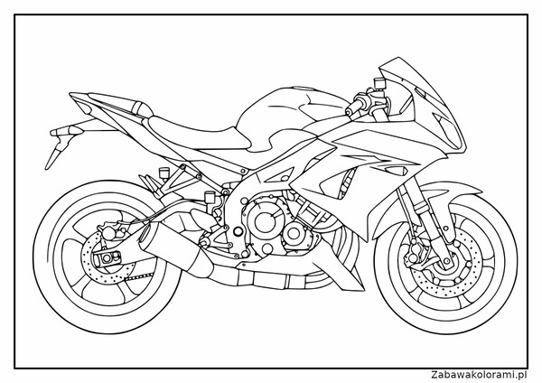 Kolorowanka przedstawiająca motocykl z widocznymi kółkami, silnikiem, wydechem, kierownicą i siedzeniem