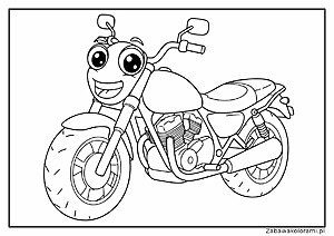 Kolorowanka z motorem z uśmiechem, dużymi oczami i otwartymi ustami. Motor ma światło, kierownicę, siodełko, koła z promieniami, wydechy i inne mechaniczne części.