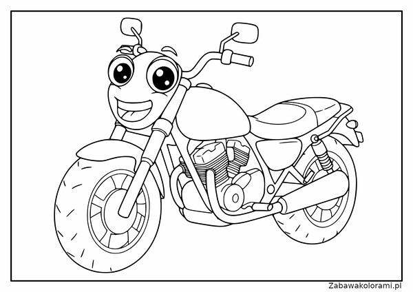 Kolorowanka z motorem z uśmiechem, dużymi oczami i otwartymi ustami. Motor ma światło, kierownicę, siodełko, koła z promieniami, wydechy i inne mechaniczne części.