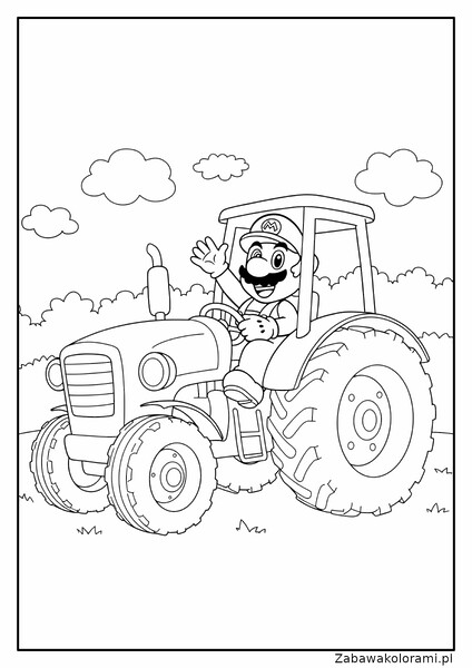 Kolorowanka Super Mario na traktorze z dużymi kółkami i detalami, Mario w czapce i wąsikach, krajobraz z chmurami