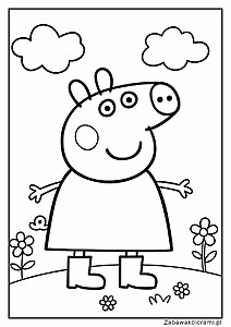 Peppa Pig w sukni z długimi rękawami, duże okrągłe oczy, uśmiechnięta twarz, łąka z kwiatami i dwie puszyste chmury