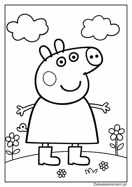 Peppa Pig w sukni z długimi rękawami, duże okrągłe oczy, uśmiechnięta twarz, łąka z kwiatami i dwie puszyste chmury