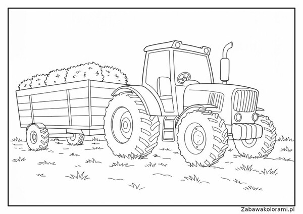 Malowanka traktor z przyczepą pełną siana na trawiastej łące