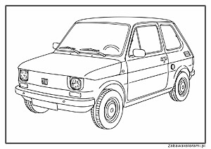 Kolorowanka samochodu Fiat 126p z okrągłymi reflektorami, centralnym logo na atrapie chłodnicy, dwoma drzwiami i okrągłymi kółkami z widocznymi obręczami.
