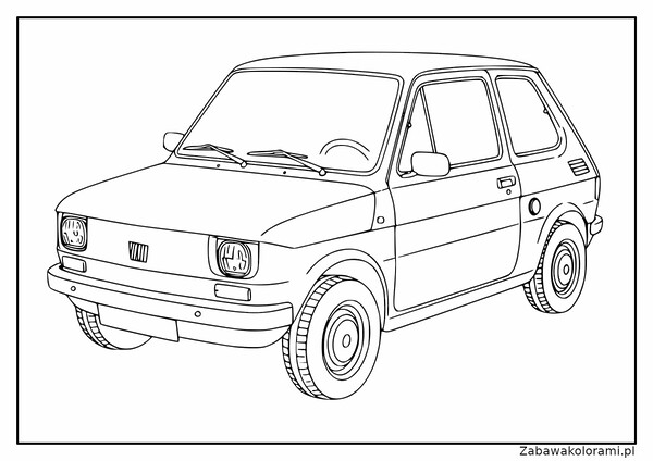 Kolorowanka samochodu Fiat 126p z okrągłymi reflektorami, centralnym logo na atrapie chłodnicy, dwoma drzwiami i okrągłymi kółkami z widocznymi obręczami.