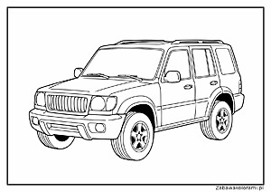 Kolorowanka Jeep SUV z widokiem z przodu i boku, z charakterystycznym grillowaniem, okrągłymi reflektorami, dachem i kołami z listwami