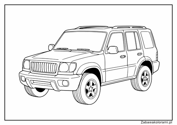 Kolorowanka Jeep SUV z widokiem z przodu i boku, z charakterystycznym grillowaniem, okrągłymi reflektorami, dachem i kołami z listwami