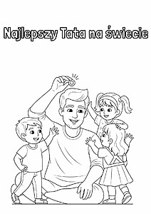 Kolorowanka Najlepszy tata na świecie z dziećmi, trzymający medal