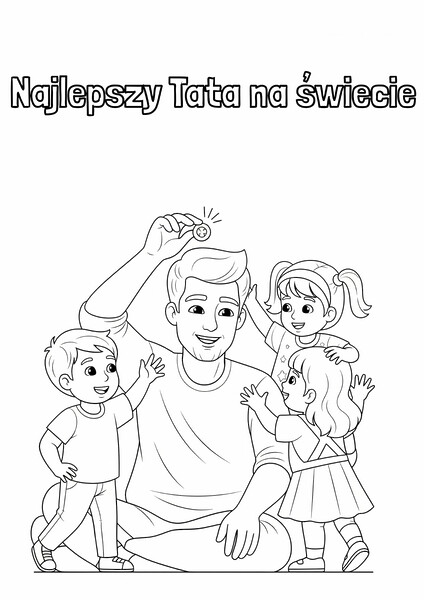Kolorowanka Najlepszy tata na świecie z dziećmi, trzymający medal