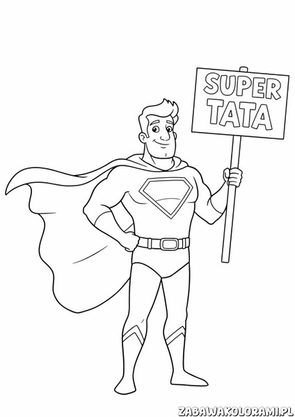 Superbohater w tradycyjnym kostiumie z płaszczem, pasem, butami i tabliczką z napisem SUPER TATA