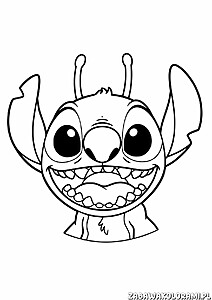 Stitch z charakterystycznymi dużymi oczami, nosem i szerokim uśmiechem