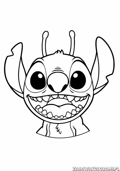 Stitch z charakterystycznymi dużymi oczami, nosem i szerokim uśmiechem