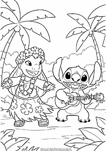 Lilo z kwiatami w włosach i Stich z ukulele