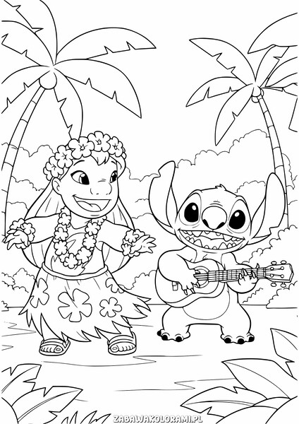 Lilo z kwiatami w włosach i Stich z ukulele