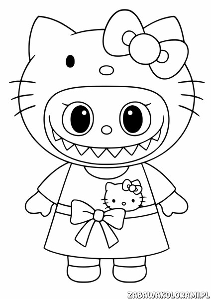 Labubu w stroju Hello Kitty z dużymi oczami i szerokim uśmiechem z ostrymi zębami, z dużą kokardą na głowie